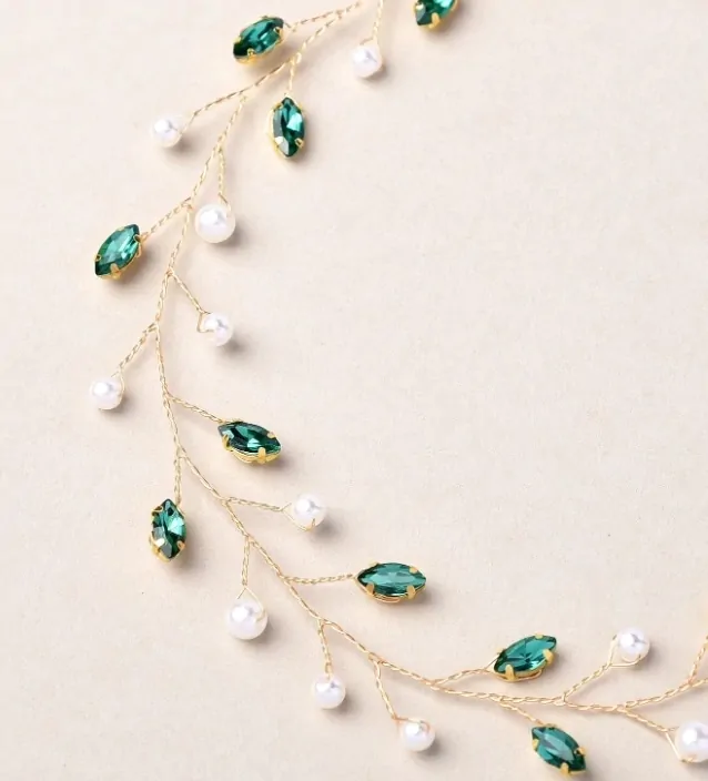 Coronita Mireasa, Accesoriu Coafura cu Perle si Strasuri Verde Smarald